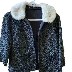 Vintage Embellished Black Blazer Cardigan with White Mink Detachable Fur Neck.